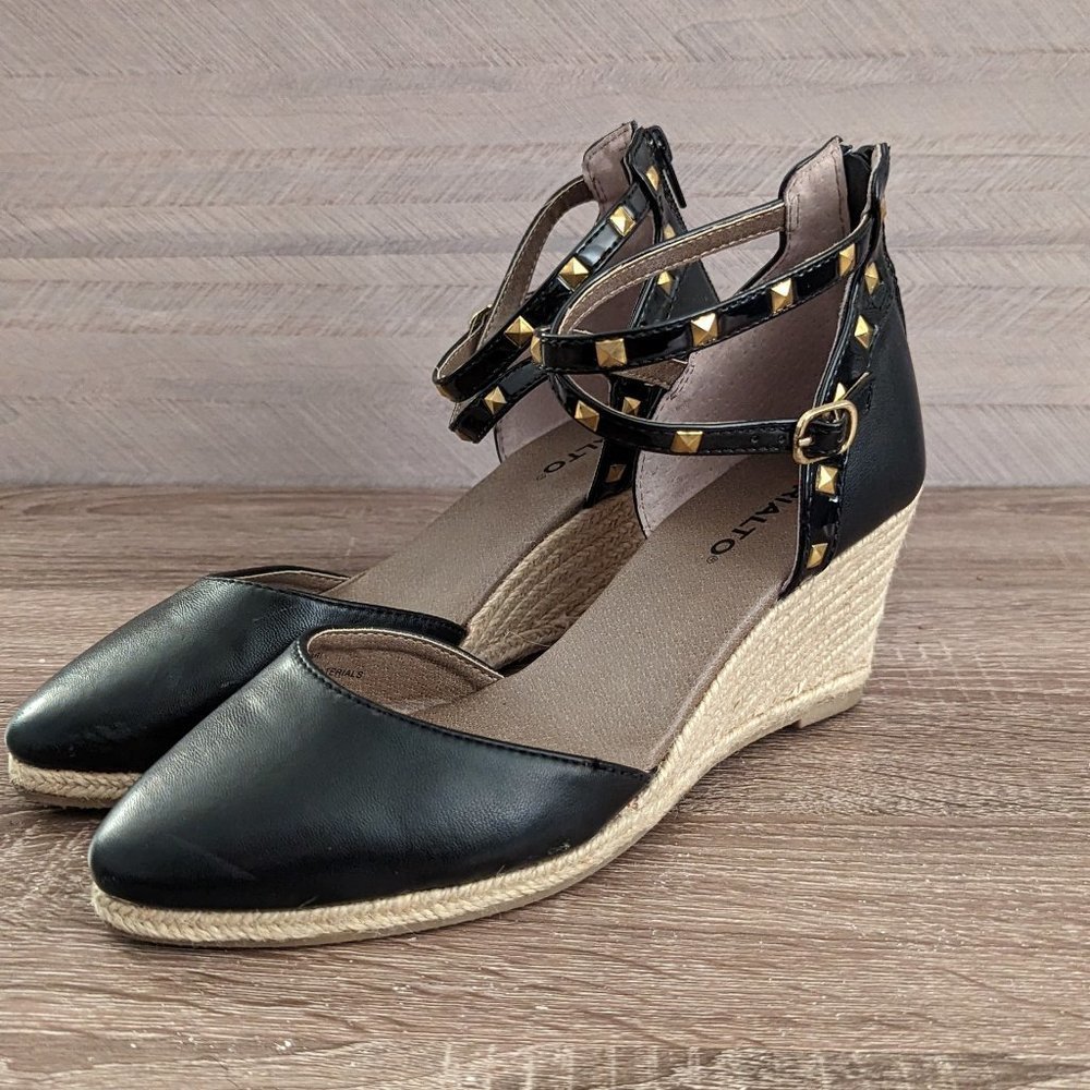 RIALTO Campari Black Size 8.5 Double Ankle-Strap Espadrille Wedges
